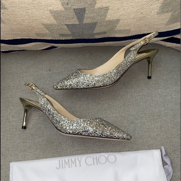 Jimmy Choo Erin 60 latte glitter metallic silver heels pump slingback SZ 39.5 - Picture 3 of 10